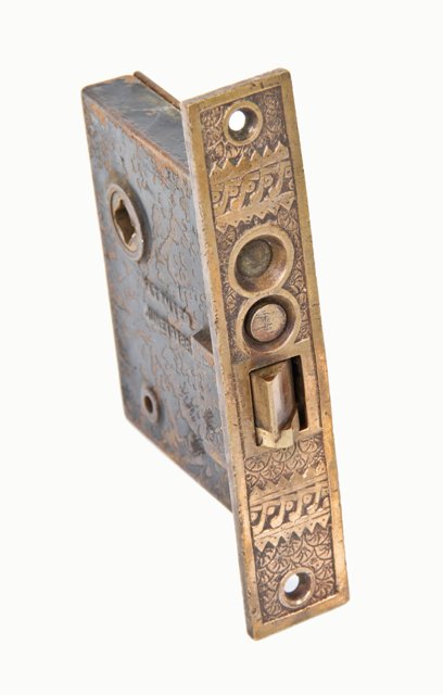 antique american 19th century residential entrance door "brocade" pattern corbin stop work mortise lock