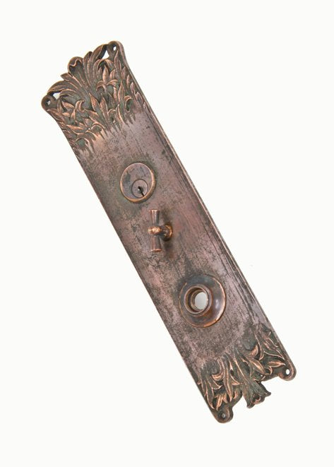late 19th century antique american ornamental cast bronze "florence" pattern residential entrance door backplate with t-handle