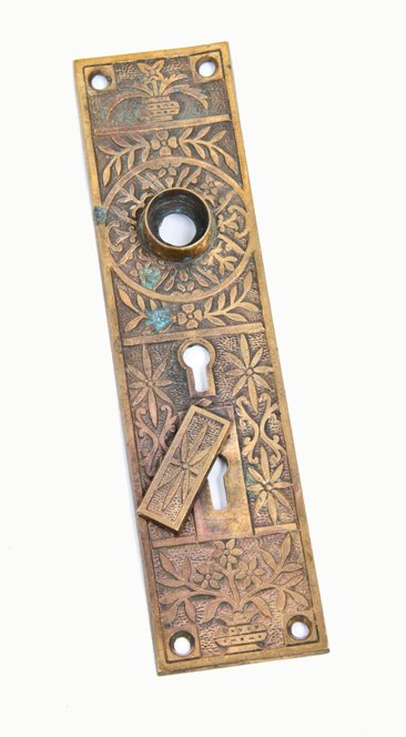charming late 19th century original ornamental cast brass residential entrance door backplate with intact swinging keyhole cover