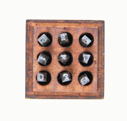 complete set of original c. 1930's vintage industrial machine cut hand number stamps with intact hardwood block base
