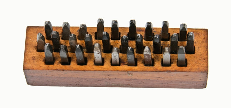original c. 1920's vintage industrial solid steel machine cut hand letter tool identification stamps with pine wood block base