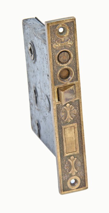fully functional late 19th century antique american residential entrance door stop work mortise lock with ornamental brass faceplate