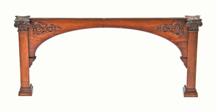 late 19th century antique american varnished oak wood residential built-in cabinet arch with ornamental gesso capitals