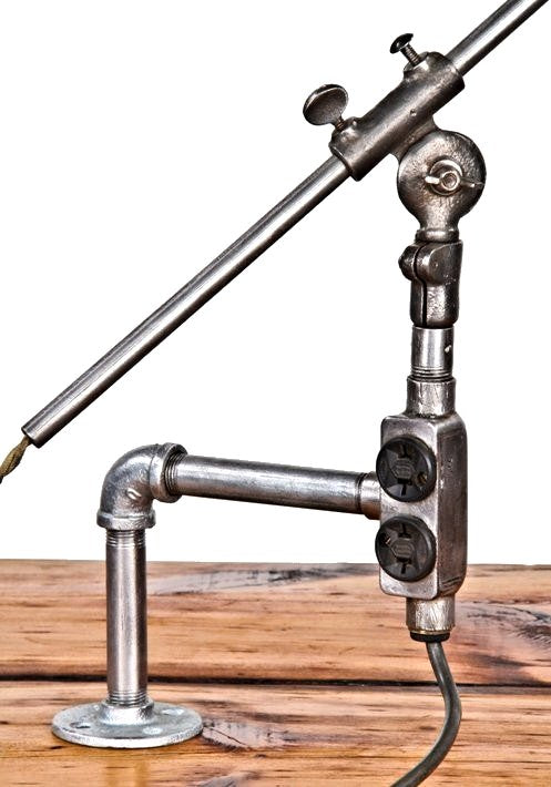 unique c. 1919 refinished antique american industrial rewired early electric articulating arm factory steel and cast iron task lamp with appleton "unilet" outlet