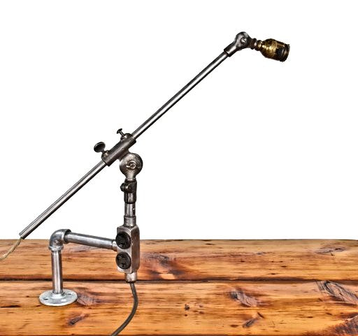 unique c. 1919 refinished antique american industrial rewired early electric articulating arm factory steel and cast iron task lamp with appleton "unilet" outlet