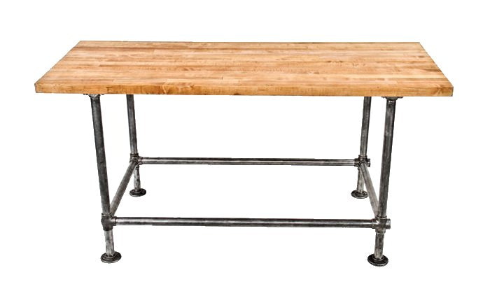 completely refinished vintage american industrial fulton market butcher shop "prep" maple wood top table with steel pipe base