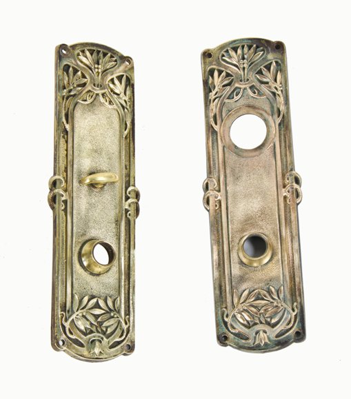 early 20th century antique american decorative cast brass metal "vigo" pattern residential entrance door backplates