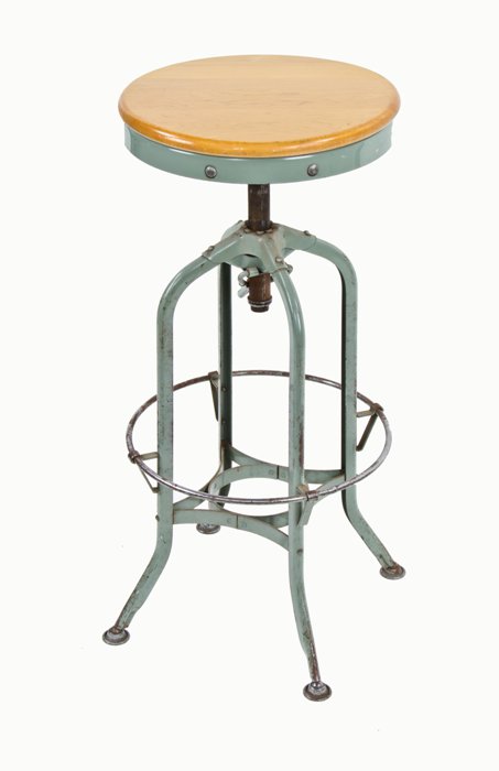 original c. 1940's vintage industrial "uhl art steel" adustable height backless toledo factory stool with original mint green enameled finish