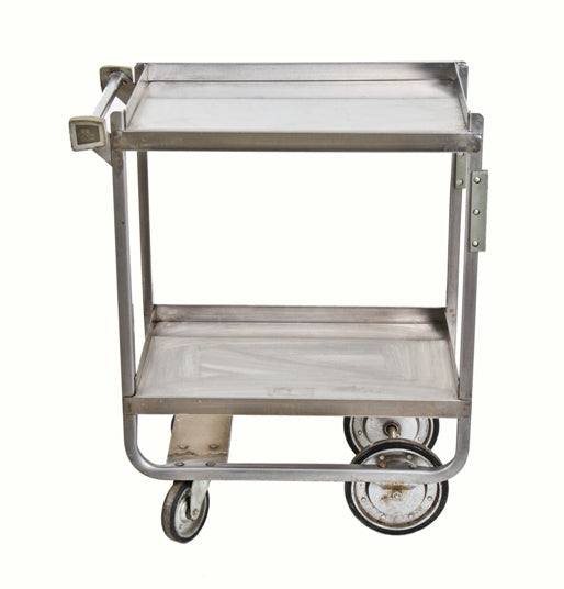 intact c. 1950's vintage medical stainless steel two tier supply mobile supply cart with intact hardened rubber bumpers