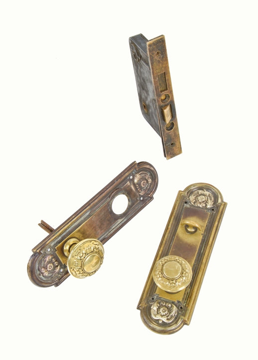 complete and functional c. 1900's original american wrought decorative brass residential entrance door lockset