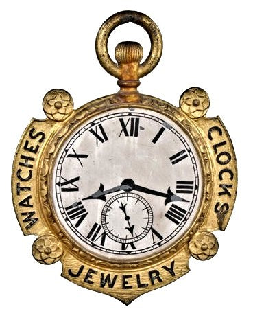 rare all original double-sided 19th century antique american hand-painted jeweler or watchmaker ornamental cast iron pocket watch trade sign with gilded finish