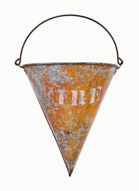 original early 20th century painted galvanized steel hanging "fire" railroad caboose sand bucket with intact drop handle