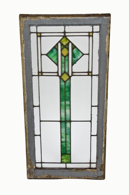 original early 20th century strongly geometric american prairie style leaded art glass residential window with original wood sash frame