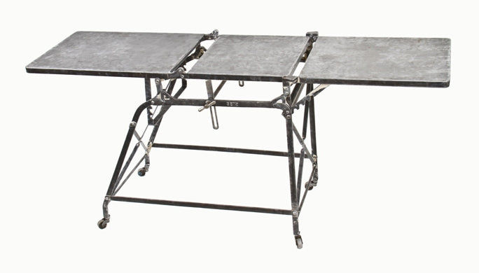 original c. 1920's american vintage medical fully adjustable heavy gauge steel "walter's" examining table with original steel casters