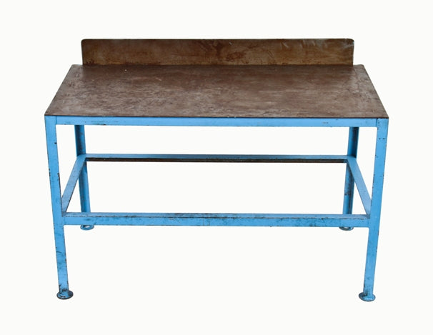 original and intact american factory machine shop welder's four-legged workbench with curved edge backsplash