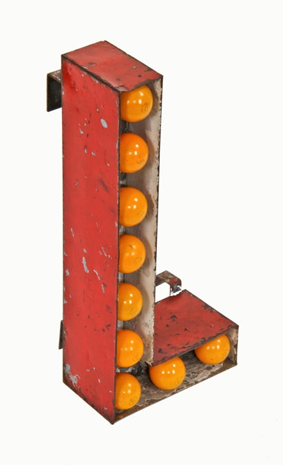 c. 1930's american red painted folded and pressed galvanized steel theater marquee illuminated bare bulb letter sign