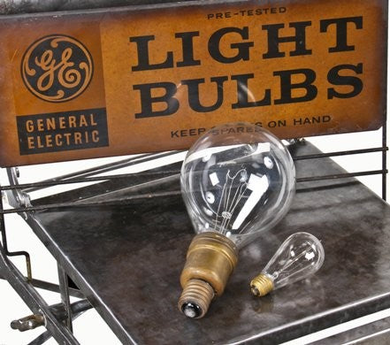 double-sided late 1930's lithographed steel "light bulbs" hardware store general electric display sign with naturally aged surface patina
