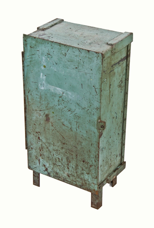 unusual custom-built c. 1930's vintage american industrial green enameled heavy gauge steel hinged storage cabinet