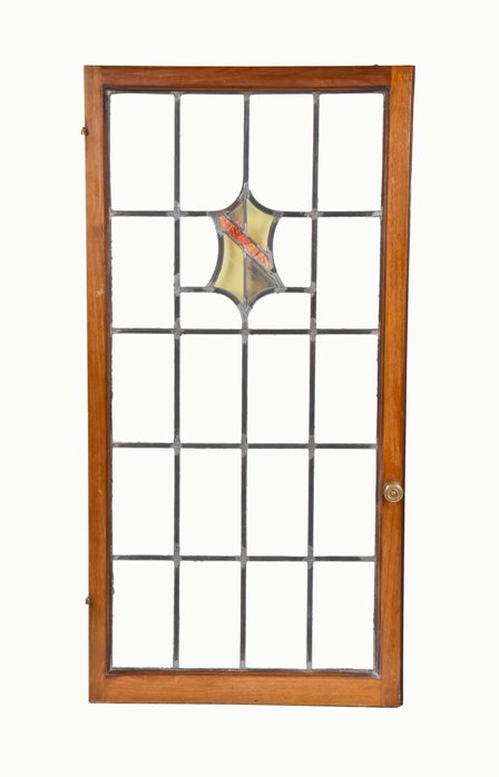 original c. 1920's interior noel bank building mezzanine casement art glass window with intact varnished walnut wood sash frame