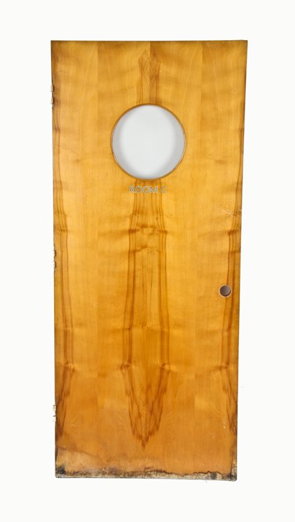 largely intact c. 1950's varnished birch wood michael reese hospital "room c" serum center laboratory door with clear glass portal