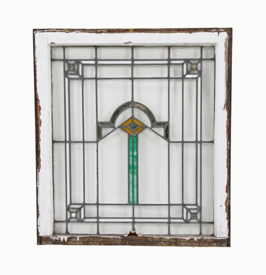 american chicago style strongly geometric leaded art glass interior residential window with original wood sash frame