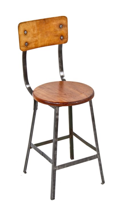 newly refinished c. 1930's industrial four-legged "otsteel" factory machine shop stationary stool with solid maple wood seat