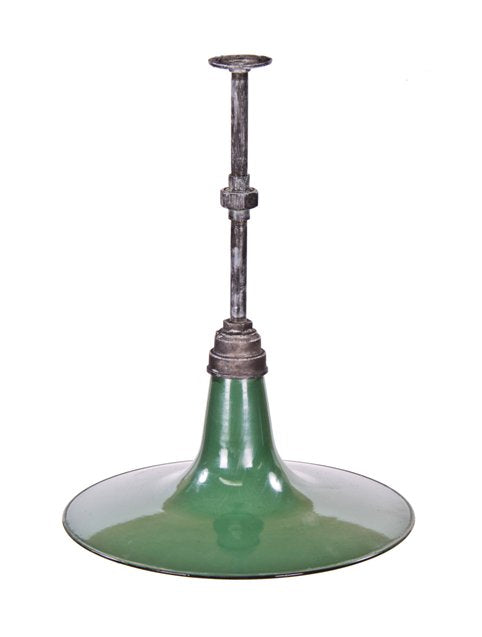 unusually shaped early 20th century american industrial green porcelain enameled "benjamin" factory pendant light