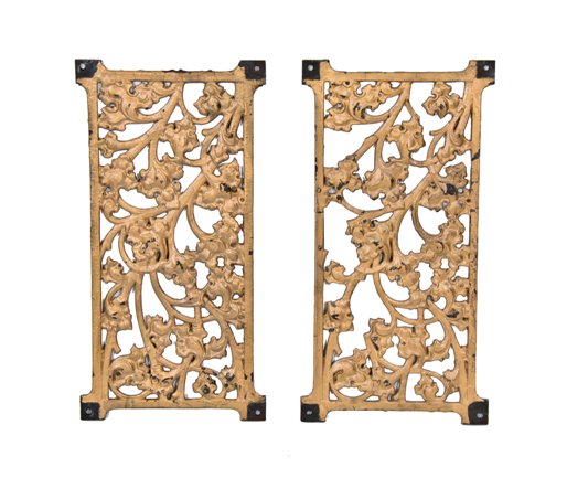 matching set of late 19th century ornamental cast iron downtown chicago fisher building elevator door grilles with old gold paint finish