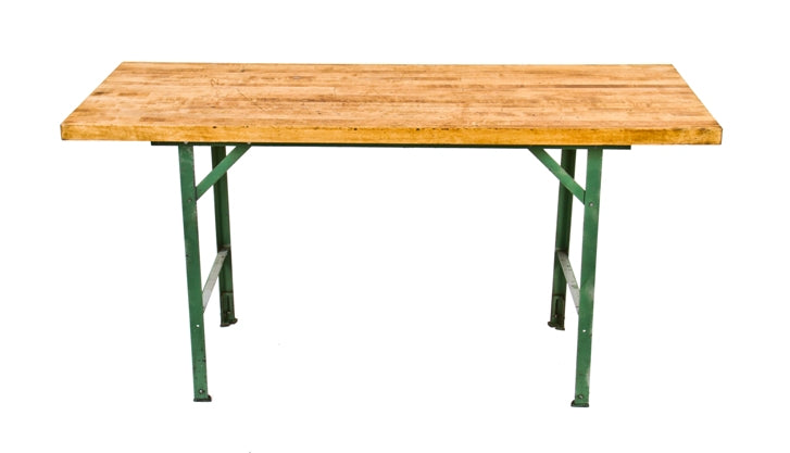 refinished american vintage industrial adjustable height four-legged machine shop factory table with green enameled angled steel base