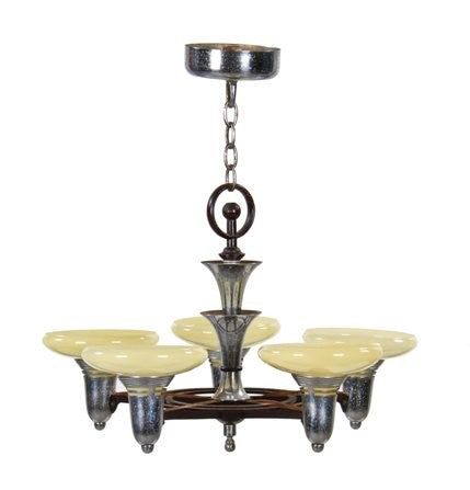 c. 1920's antique american art deco depression era five light machine age interior residential ceiling fixture with original custard glass bowl shades