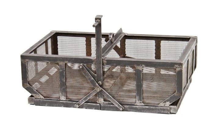 unique original c. 1930's vintage american industrial heavy gauge steel lever-operated "drop bottom" wire mesh factory basket