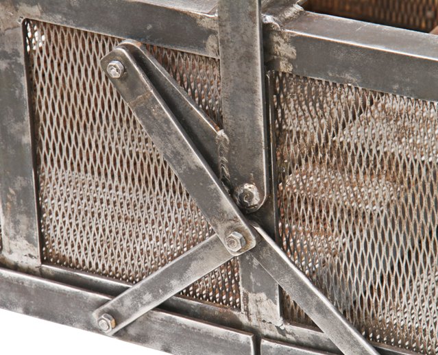unique original c. 1930's vintage american industrial heavy gauge steel lever-operated "drop bottom" wire mesh factory basket