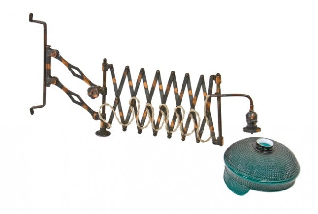 rare and seldom found early 20th century antique american medical oxidized copper expandable scissor arm optician's examination wall light with distinctive cased green glass shade