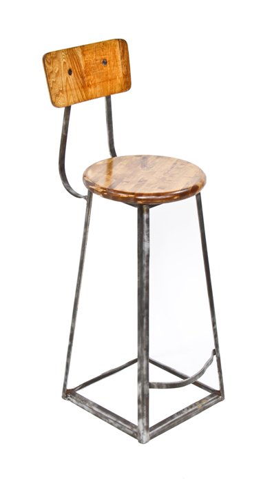 unusual american industrial refinished angled steel machine shop stool with solid maple wood stationary seat