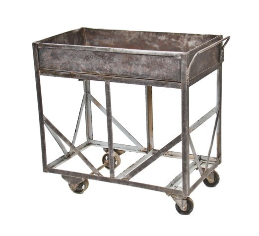 reinforced c. 1930's american industrial heavy gauge steel mobile foundry cart with spacious open-ended compartment