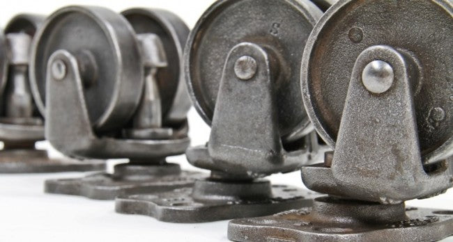 repurposed american industrial welded joint angled iron and cedar wood two-tier mobile factory cart with original "roll-ezy chief" double wheel trucks