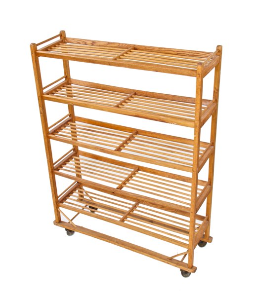 all original and exceptionally well-built solid oak wood american industrial baker's rack with wood dowel shelves