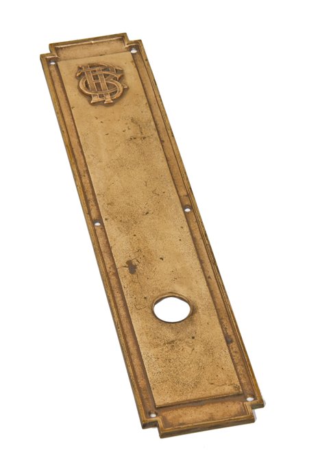 original c. 1930 oversized chicago board of trade building solid bronze exterior door monogrammed push plate with nice surface patina