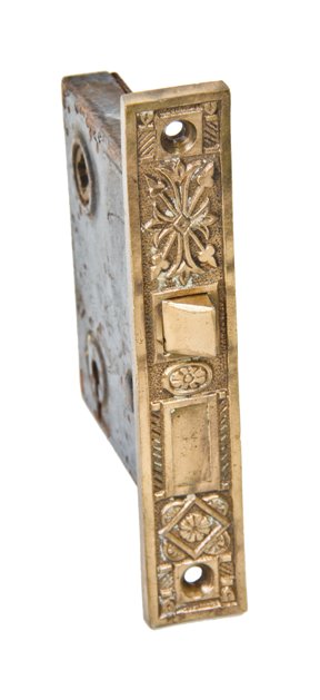 late 1880's original fully functional interior residential antique passage door mortise lock with ornamental cast brass faceplate