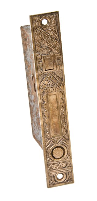 original and intact 19th century american eastlake style "oriental" pattern residential pocket door mortise lock with brass faceplate