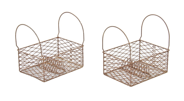 matching set of early 20th century reinforced american industrial steel mesh strainer baskets with bent steel rod handles