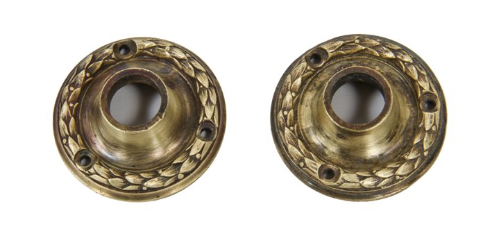 two original and remarkably intact matching early 20th century antique american salvaged chicago ornamental cast brass metal chicago city hall office door rosettes with detailed bayleaf motif