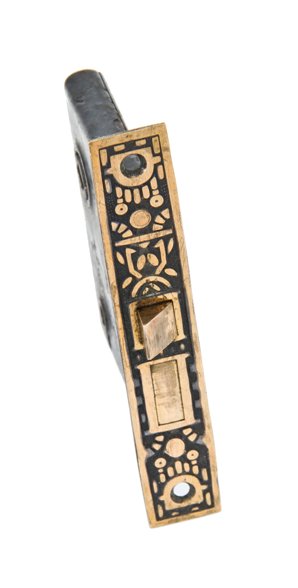 fully functional late 19th century interior residential "windsor" pattern passage door mortise lock with brass face plate