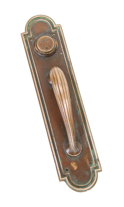 early 20th century solid cast bronze metal mission style commercial store door handle with "dummy' mortise cylinder lock cover plate