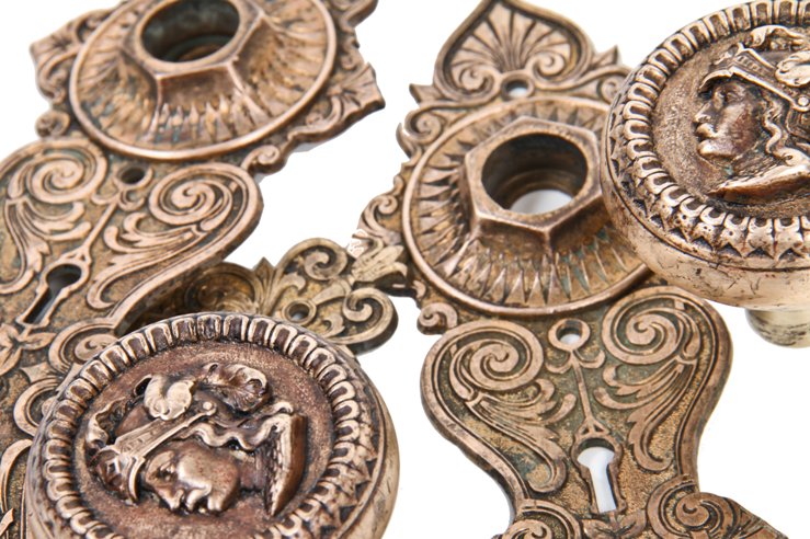 early 1870's hard to find american victorian era heavy cast bronze triangular doorknob escutcheon with traces of gold leaf finish