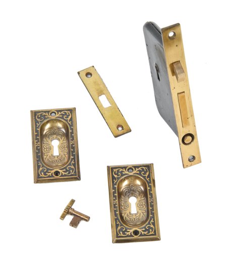 hard to find all original and completely intact new old stock interior residential single pocket door hardware with working mortise lock