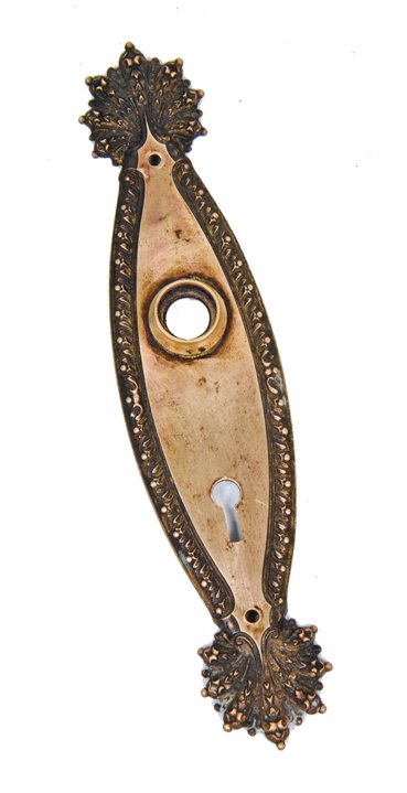 original early 20th century decorative cast brass metal "marquise" pattern interior residential doorknob backplate