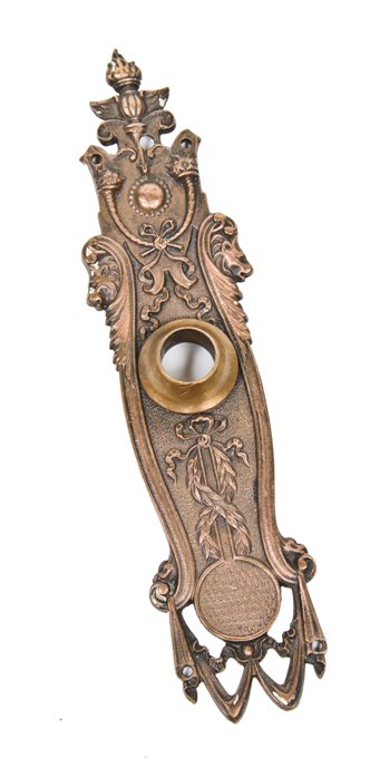 original antique american highly ornate cast bronze interior residential doorknob backplate with deep-seated collar