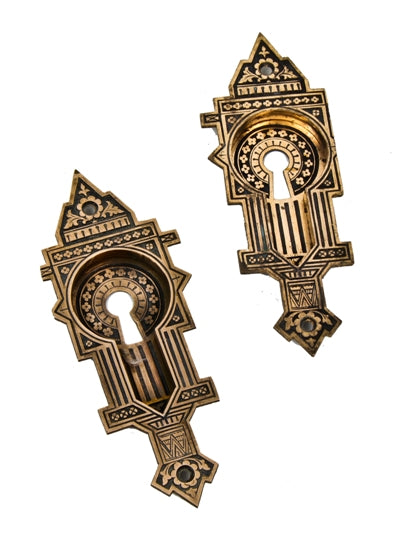 matching set of original american eastlake style "crisscross" pattern interior residential pocket door backplates with black enameled inlay