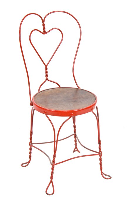 heart-shaped "royal-chicago" bent and twisted solid steel ice cream parlor or soda fountain chair with old red paint finish